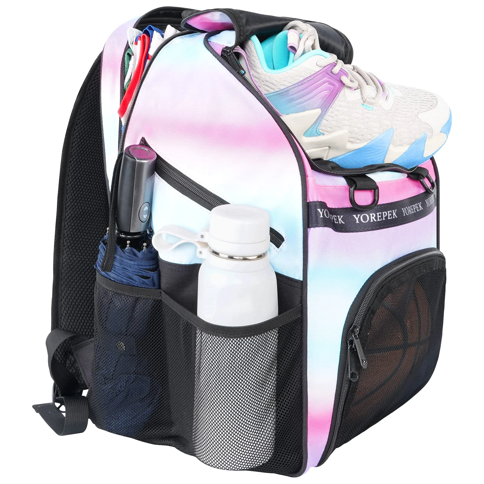 Shoes in the vented bay, ball in the front cage, bottle in the side pocket, all at once.