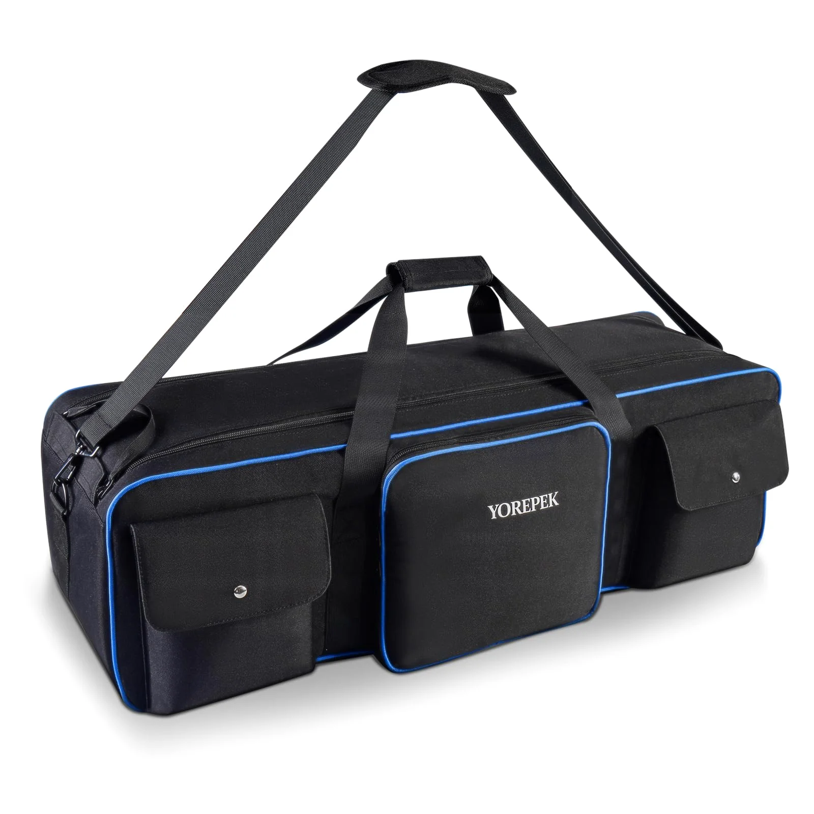 Thirty and a half inches of tripod case with three outside pockets along its length.