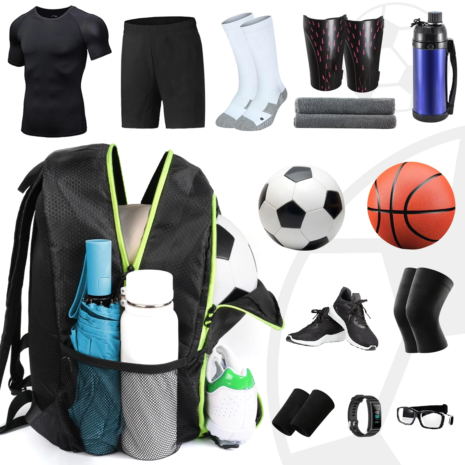 One soccer backpack and everything a Saturday morning puts into it, laid out beside it.