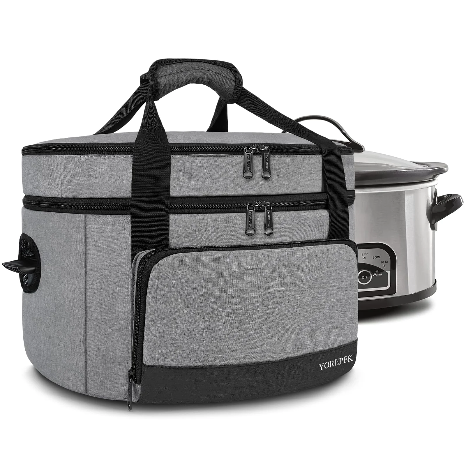 The two-layer carrier next to an eight-quart cooker, which is the measurement that matters.